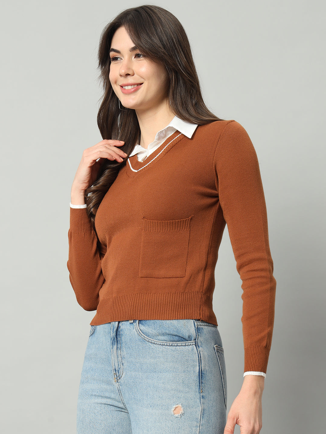 BROOWL Women Brown Woollen Pullover