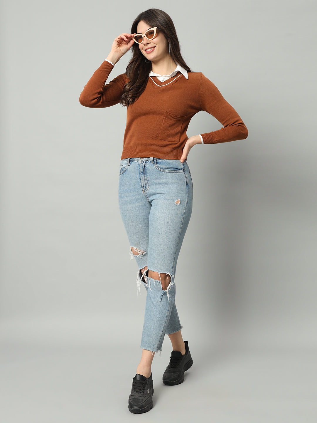 BROOWL Women Brown Woollen Pullover