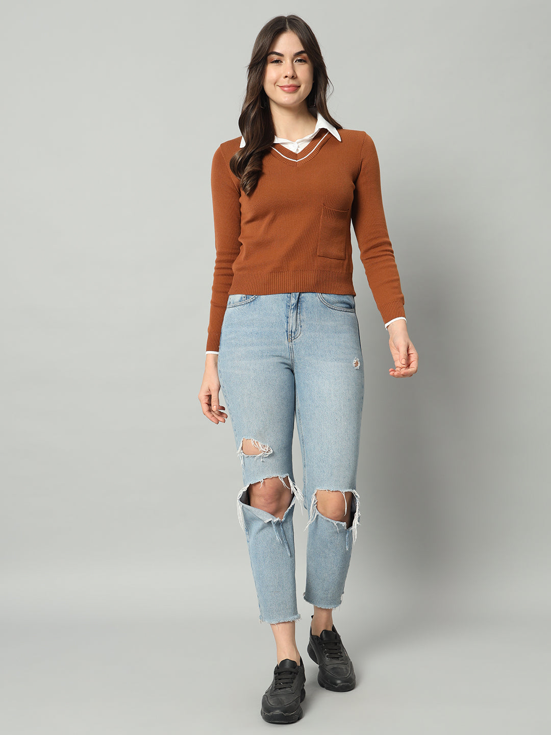 BROOWL Women Brown Woollen Pullover