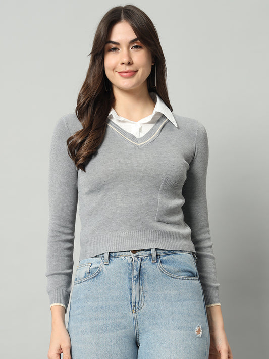 BROOWL Women Grey Woollen Pullover