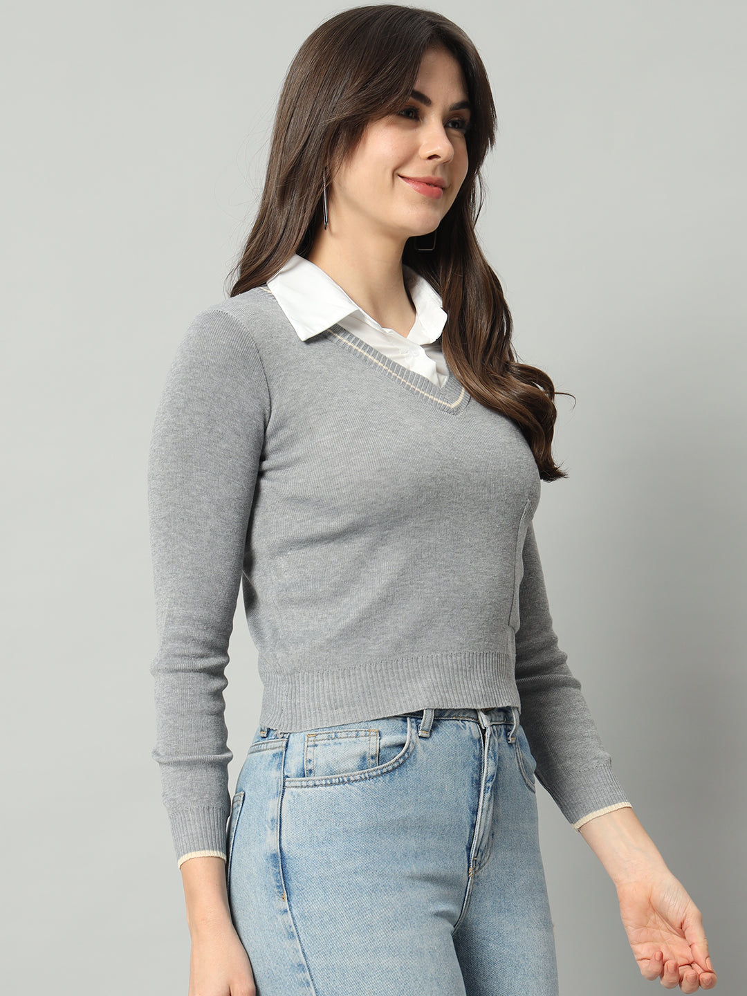 BROOWL Women Grey Woollen Pullover