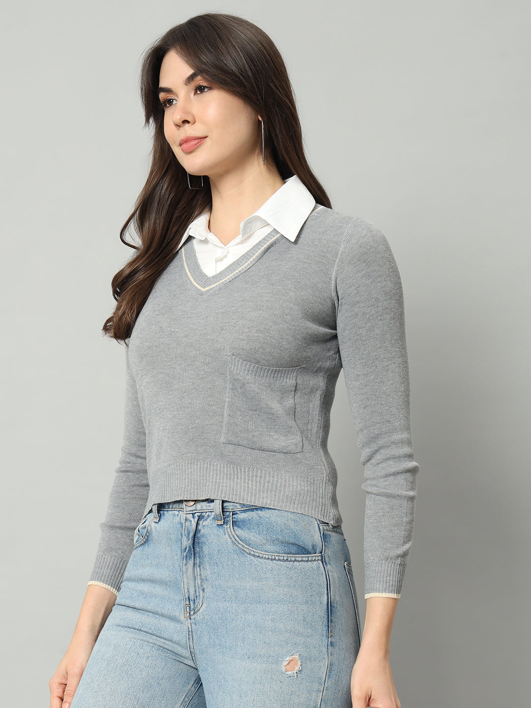 BROOWL Women Grey Woollen Pullover