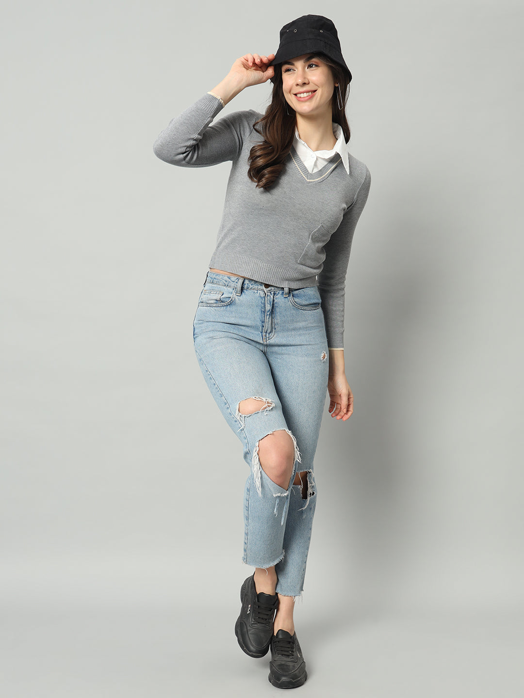 BROOWL Women Grey Woollen Pullover