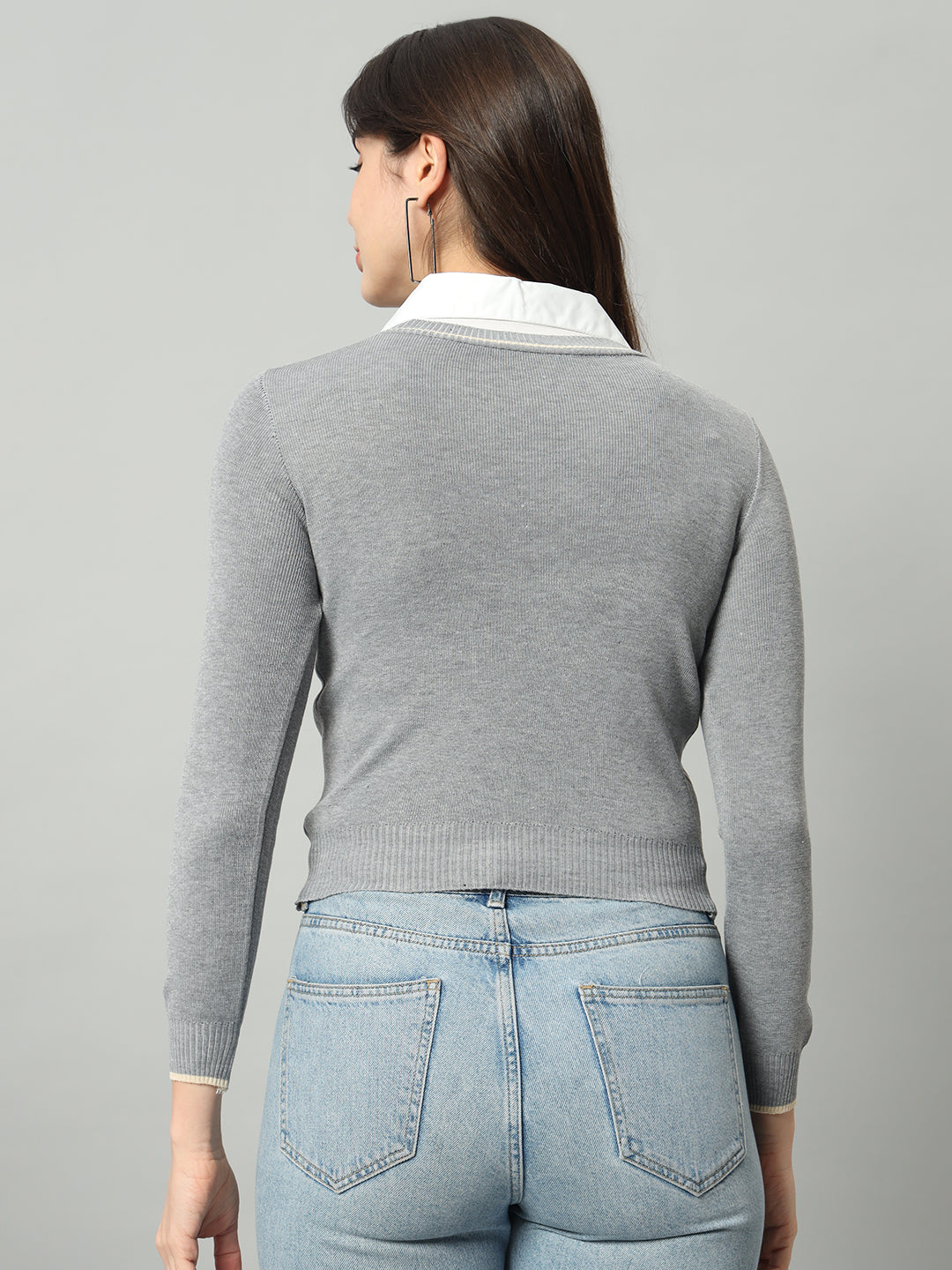 BROOWL Women Grey Woollen Pullover