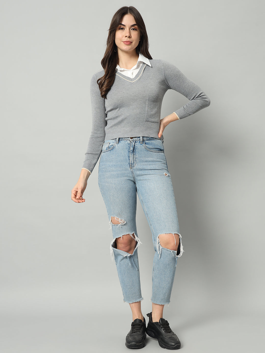 BROOWL Women Grey Woollen Pullover