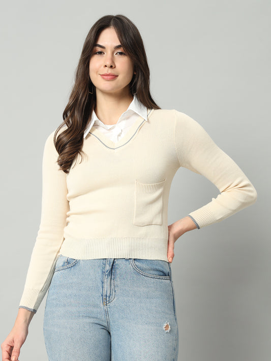 BROOWL Women Cream-Coloured Woollen Pullover