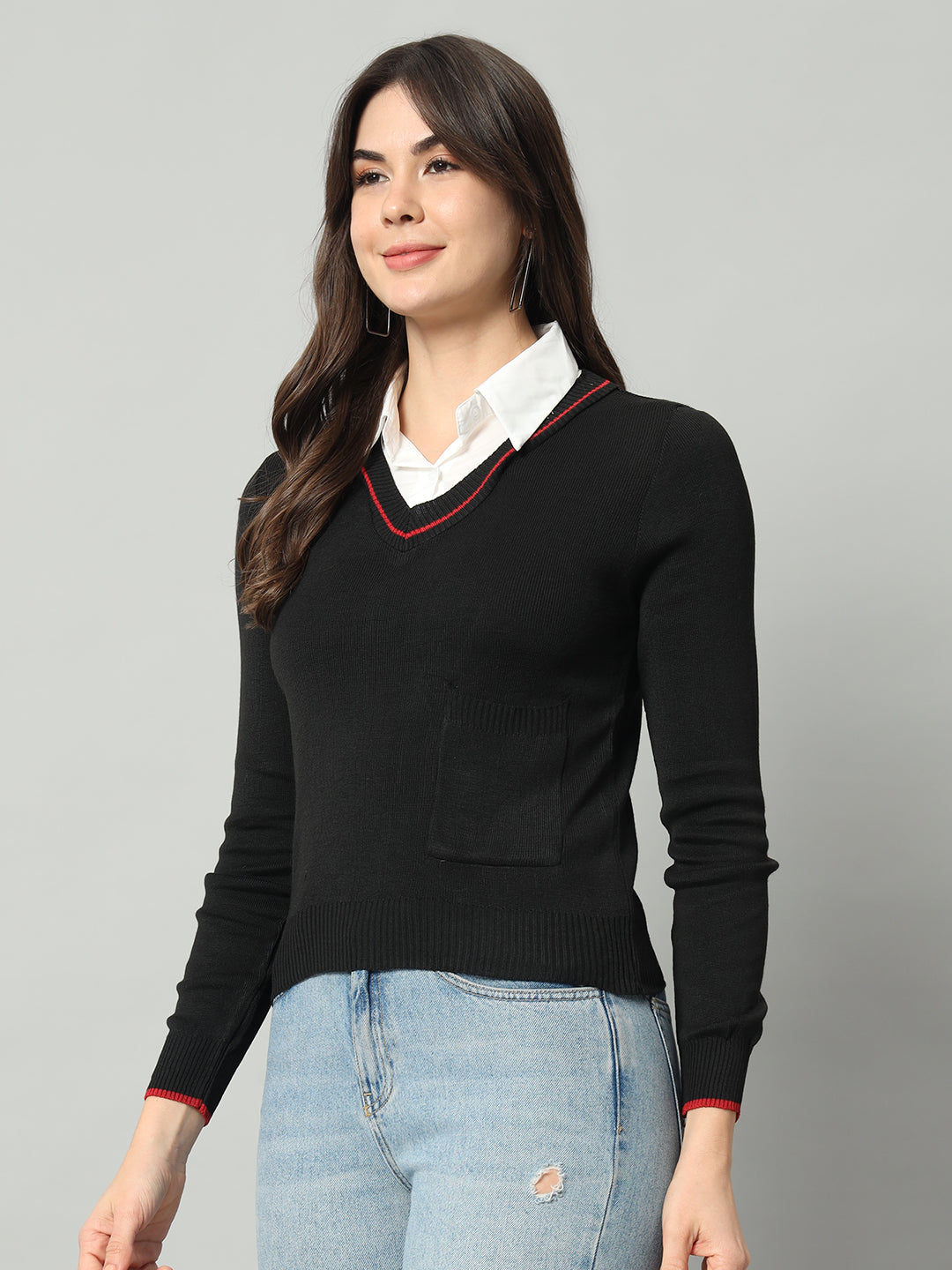 BROOWL Women Black Woollen Pullover