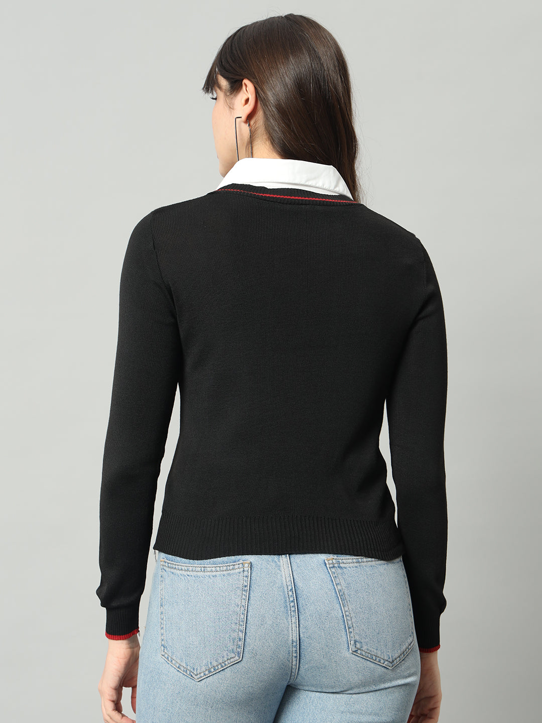 BROOWL Women Black Woollen Pullover