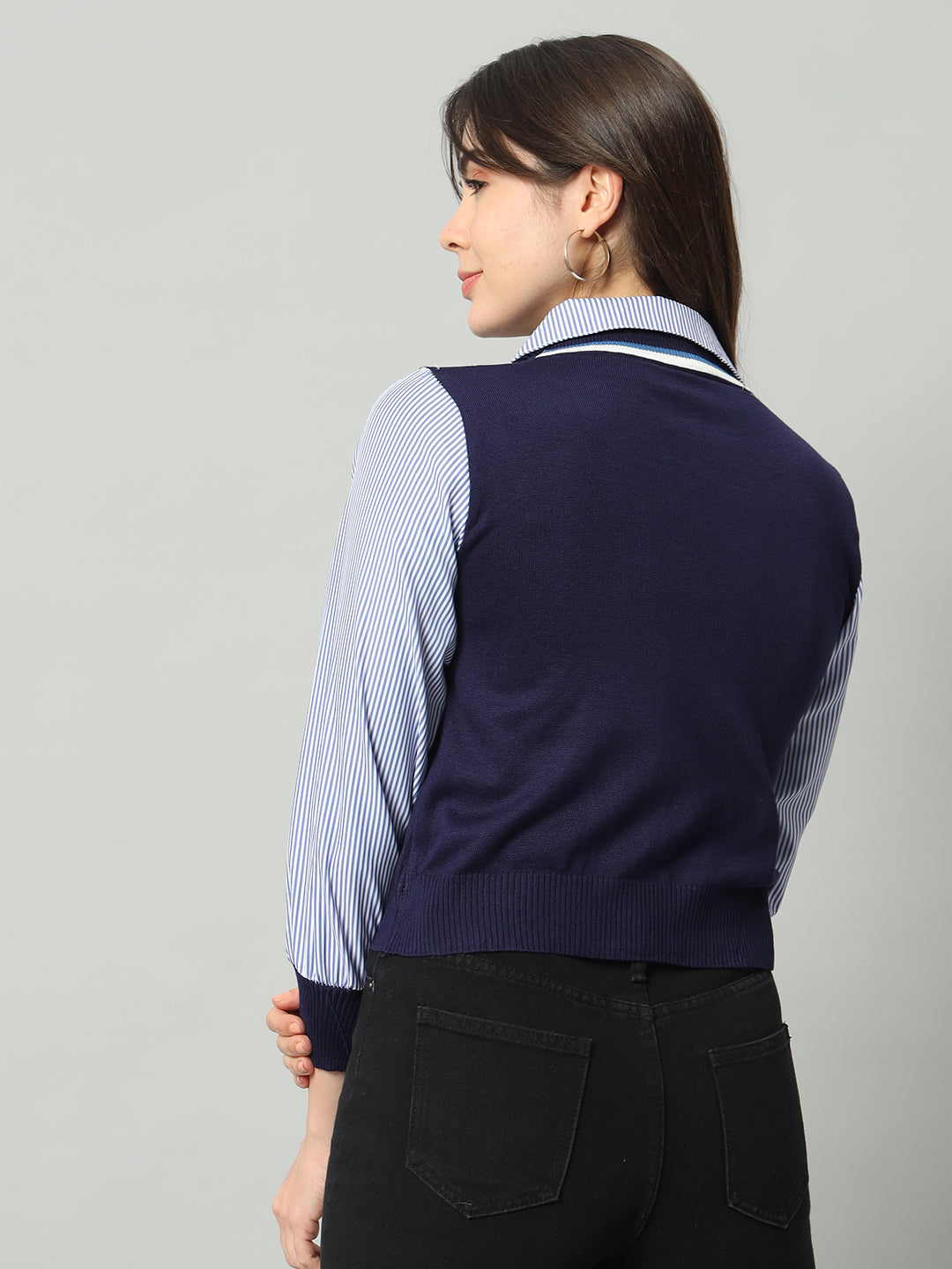 BROOWL Women Blue & Blue Woollen Sweater Vest