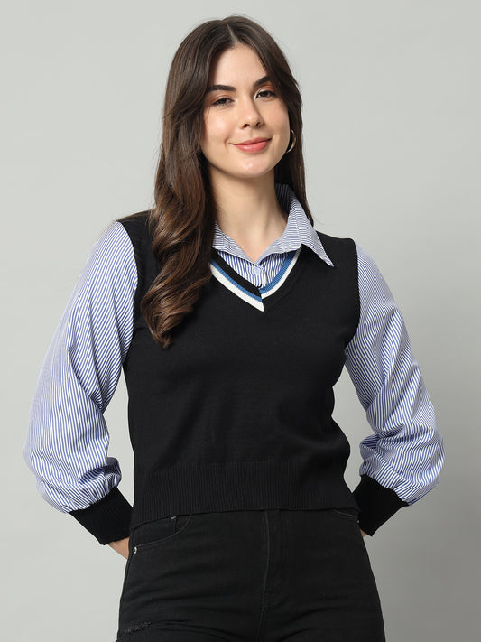 BROOWL Women Black & Blue Woollen Sweater Vest