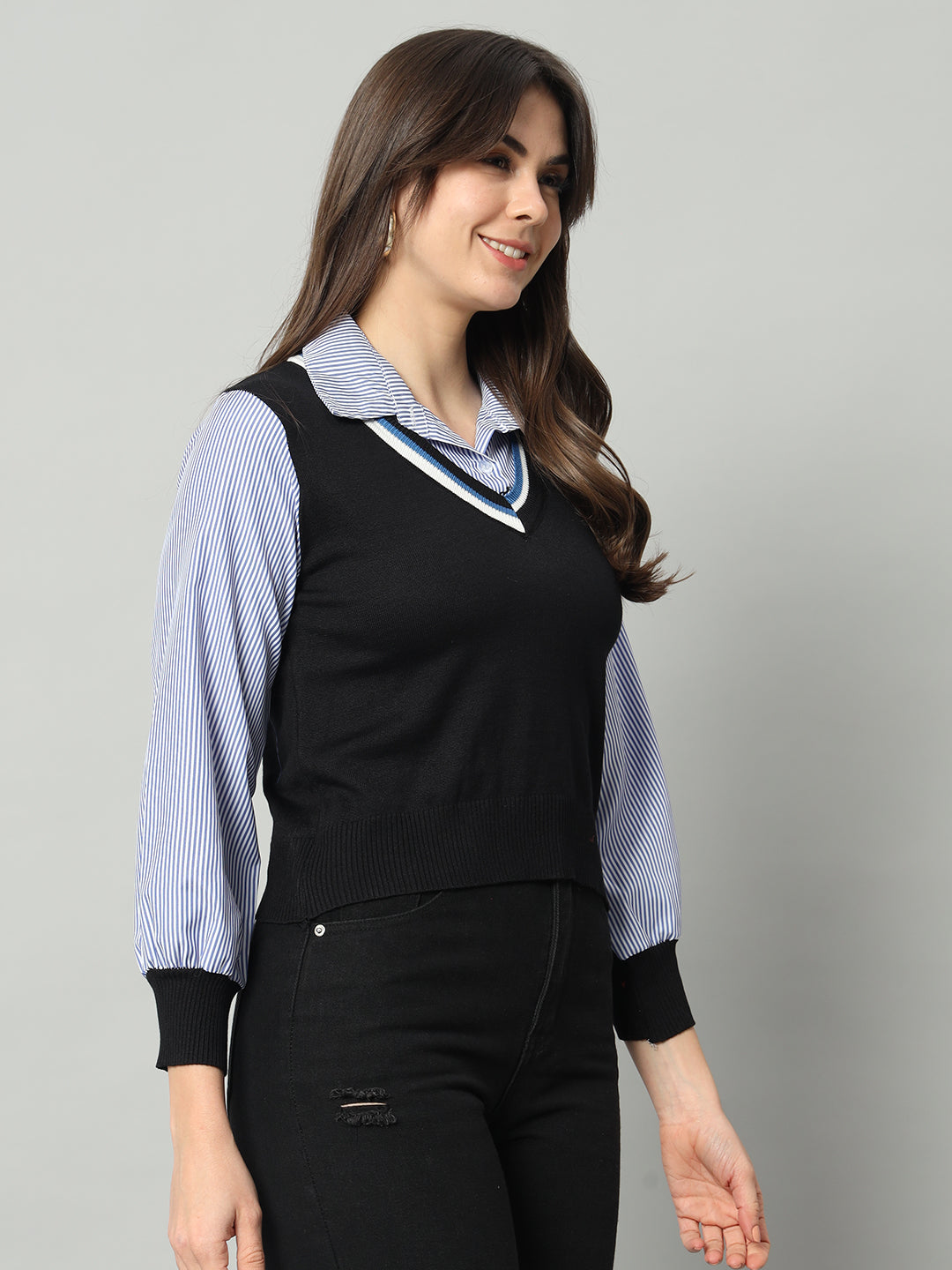 BROOWL Women Black & Blue Woollen Sweater Vest