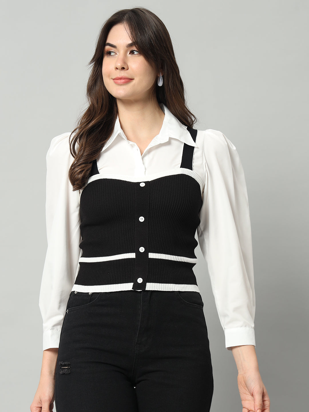 BROOWL Women Black & White Woollen Sweater Vest