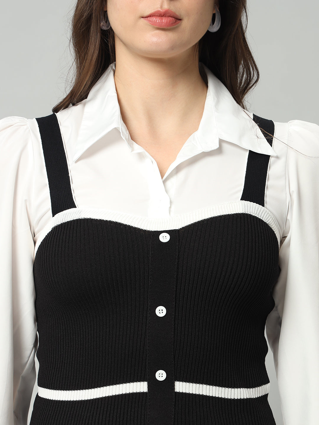 BROOWL Women Black & White Woollen Sweater Vest