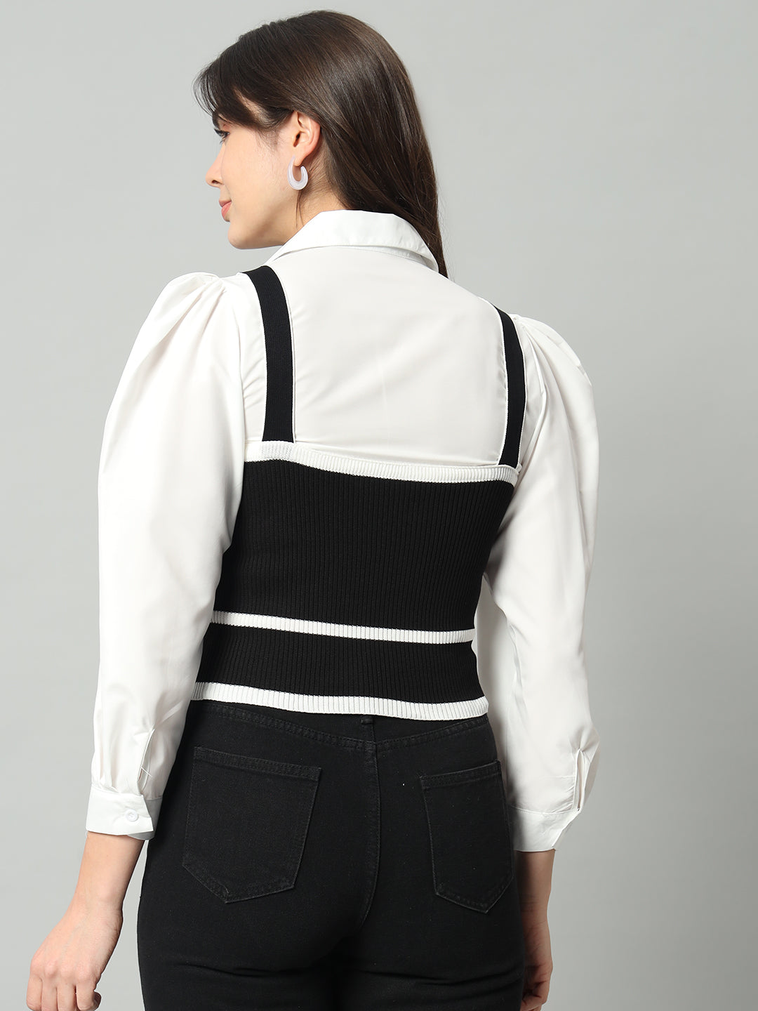 BROOWL Women Black & White Woollen Sweater Vest