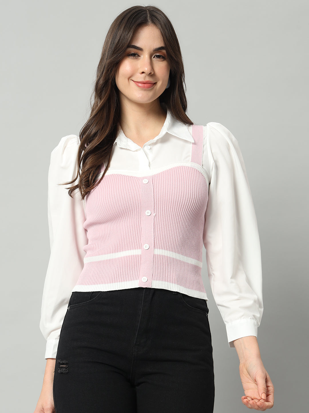 BROOWL Women Pink & White Woollen Sweater Vest