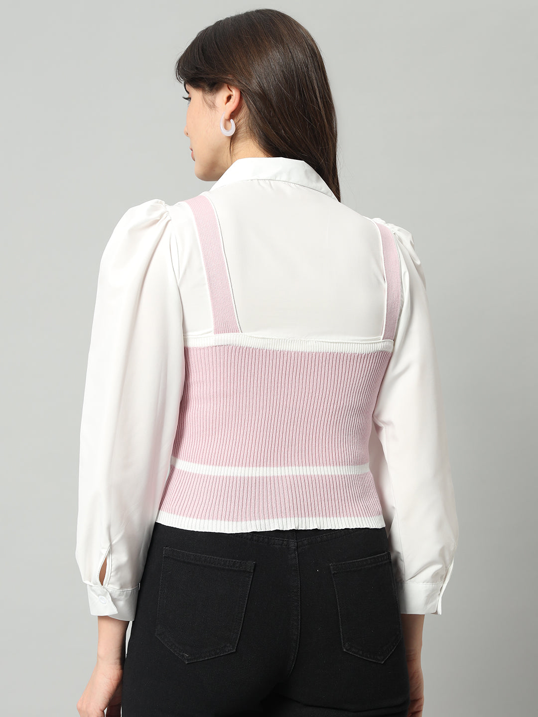 BROOWL Women Pink & White Woollen Sweater Vest