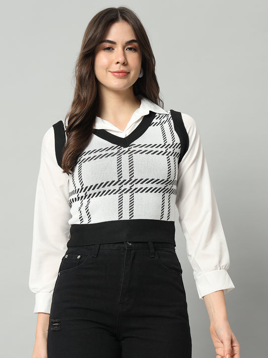 BROOWL Women Black & White Checked Woollen Sweater Vest