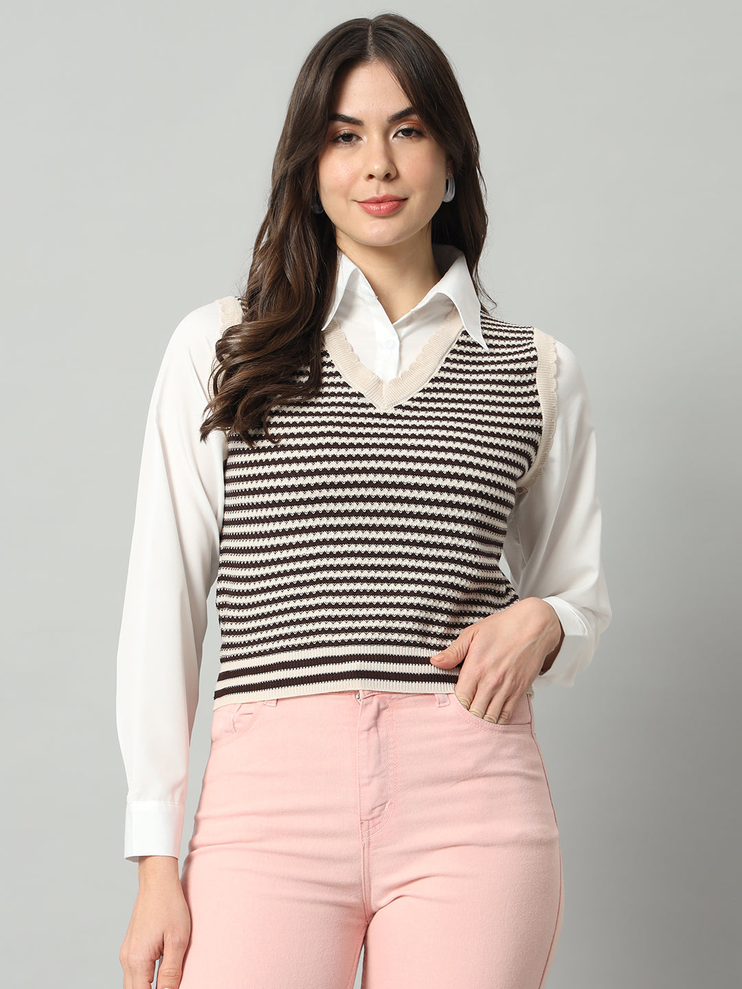 BROOWL Women White & Black Striped Woollen Sweater Vest