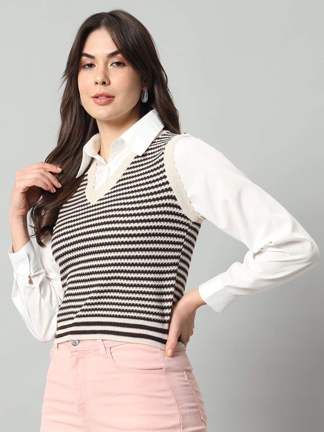 BROOWL Women White & Black Striped Woollen Sweater Vest