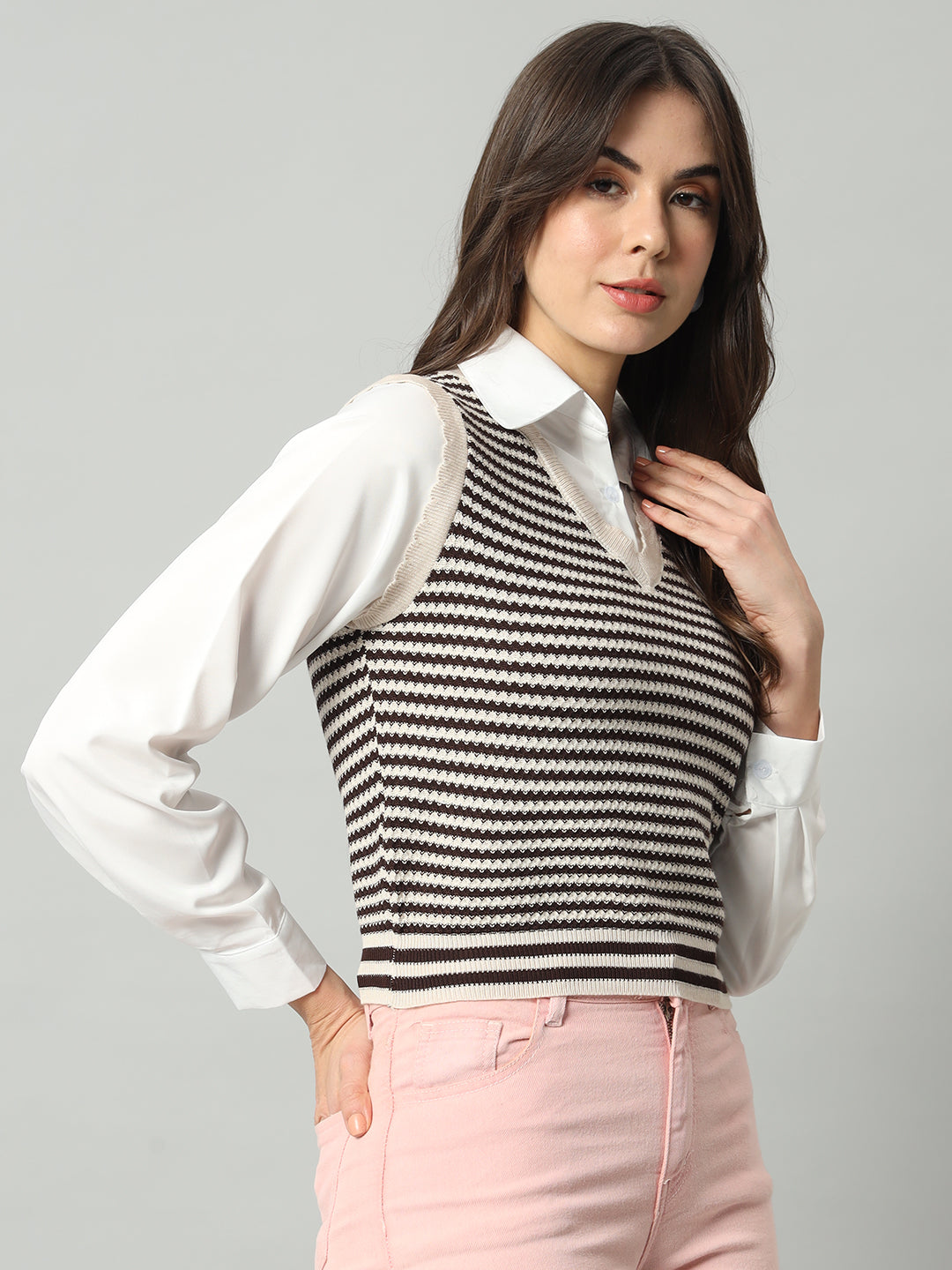 BROOWL Women White & Black Striped Woollen Sweater Vest