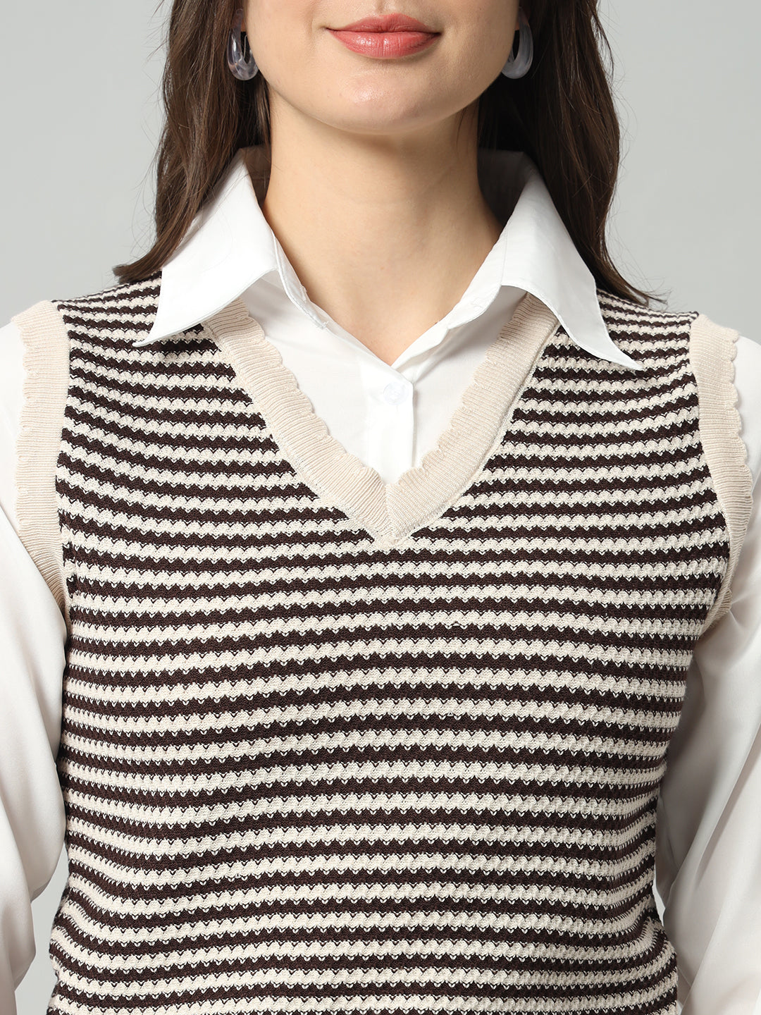 BROOWL Women White & Black Striped Woollen Sweater Vest