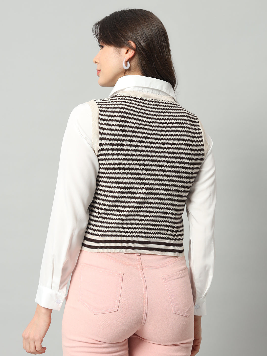 BROOWL Women White & Black Striped Woollen Sweater Vest