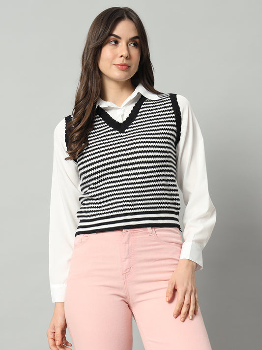 BROOWL Women Black & White Striped Woollen Sweater Vest