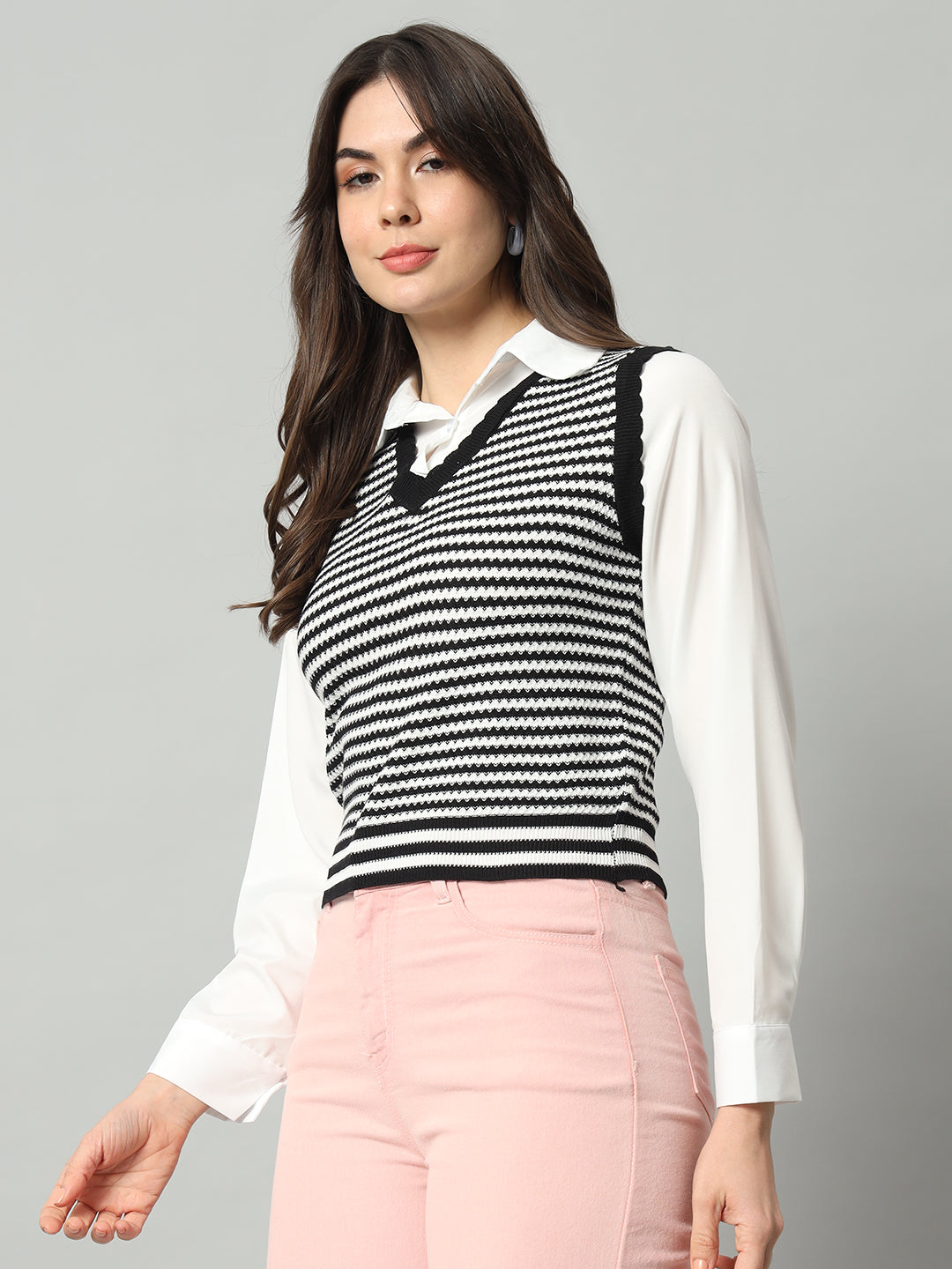 BROOWL Women Black & White Striped Woollen Sweater Vest