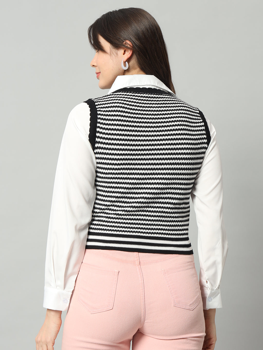 BROOWL Women Black & White Striped Woollen Sweater Vest