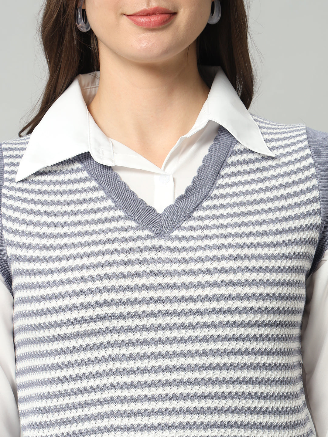 BROOWL Women Grey & White Striped Woollen Sweater Vest