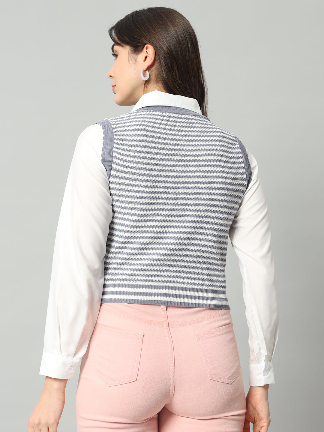 BROOWL Women Grey & White Striped Woollen Sweater Vest