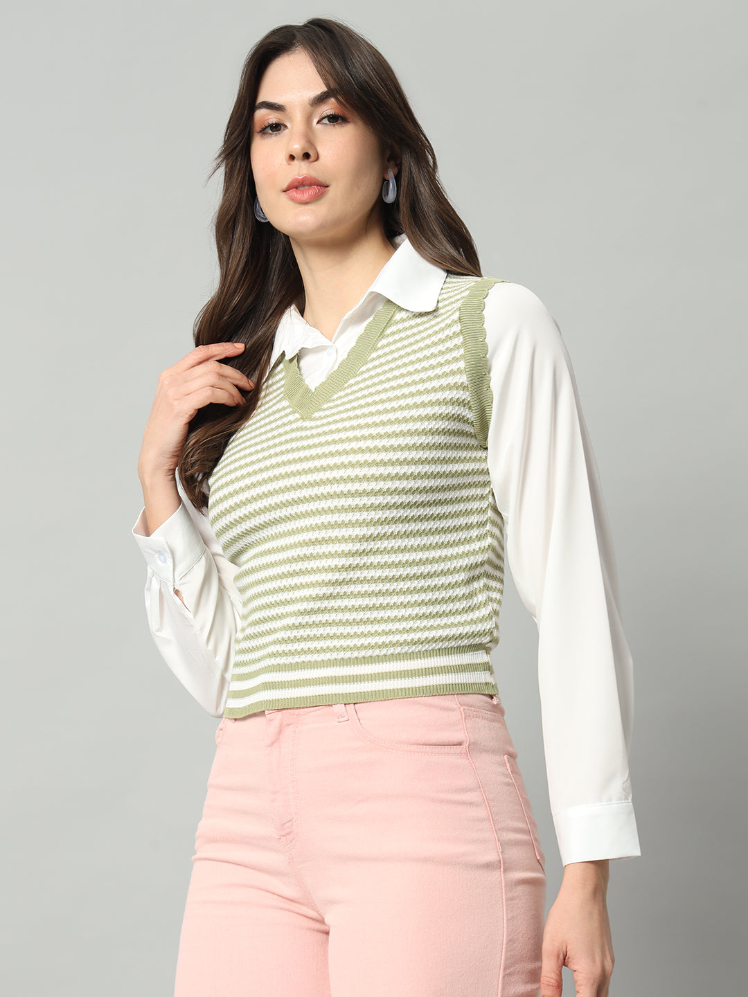 Women Green & White Striped Woollen Sweater Vest