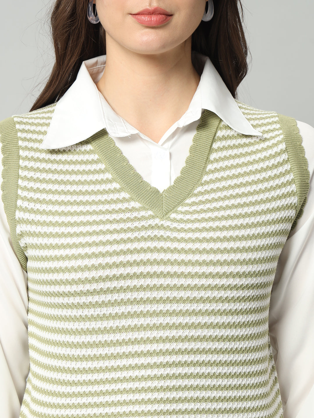 Women Green & White Striped Woollen Sweater Vest