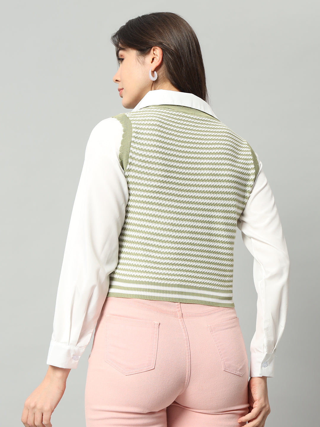 Women Green & White Striped Woollen Sweater Vest