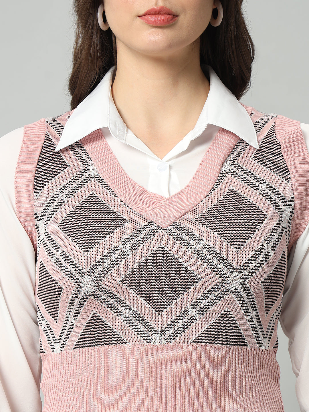 BROOWL Women Peach-Coloured & White Woollen Sweater Vest