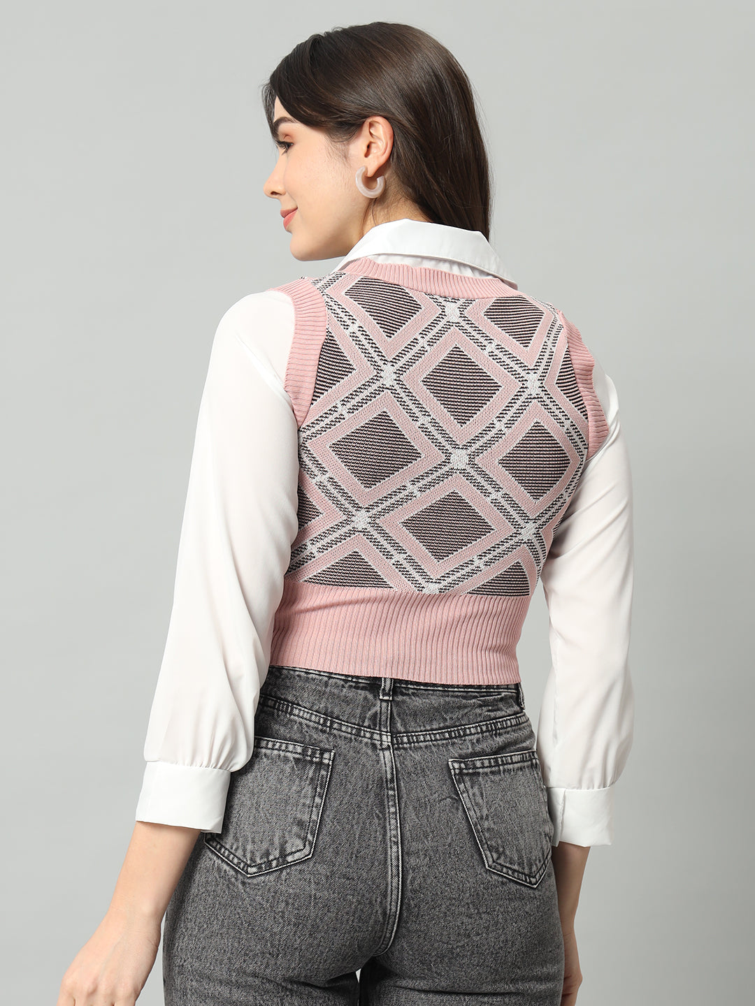 BROOWL Women Peach-Coloured & White Woollen Sweater Vest