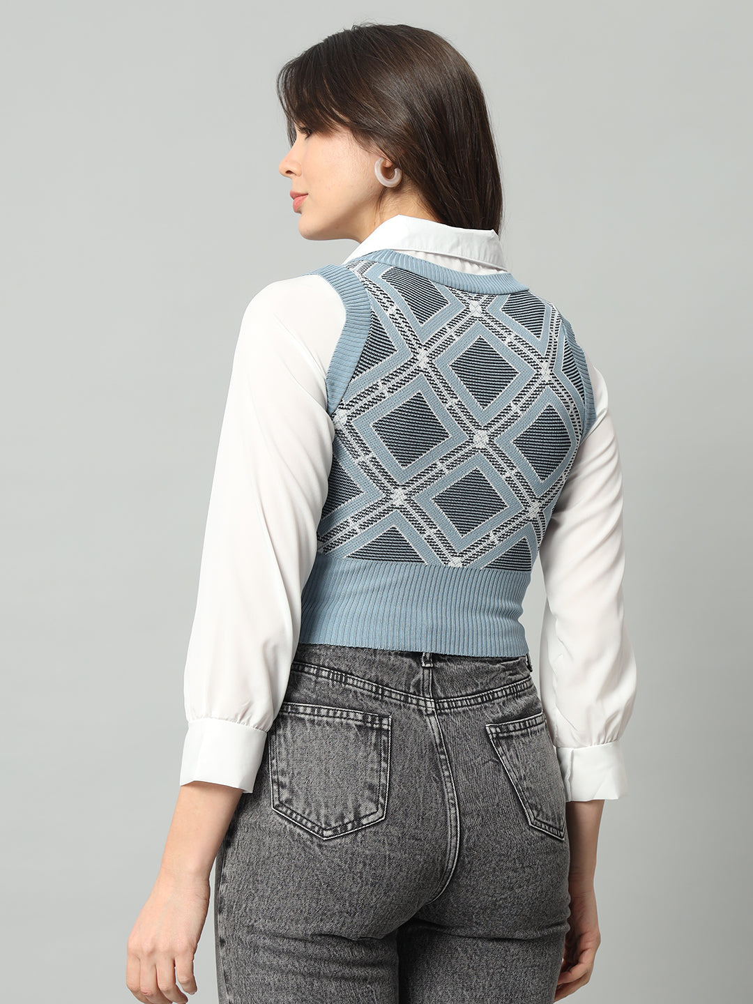 BROOWL Women Blue & White Woollen Sweater Vest