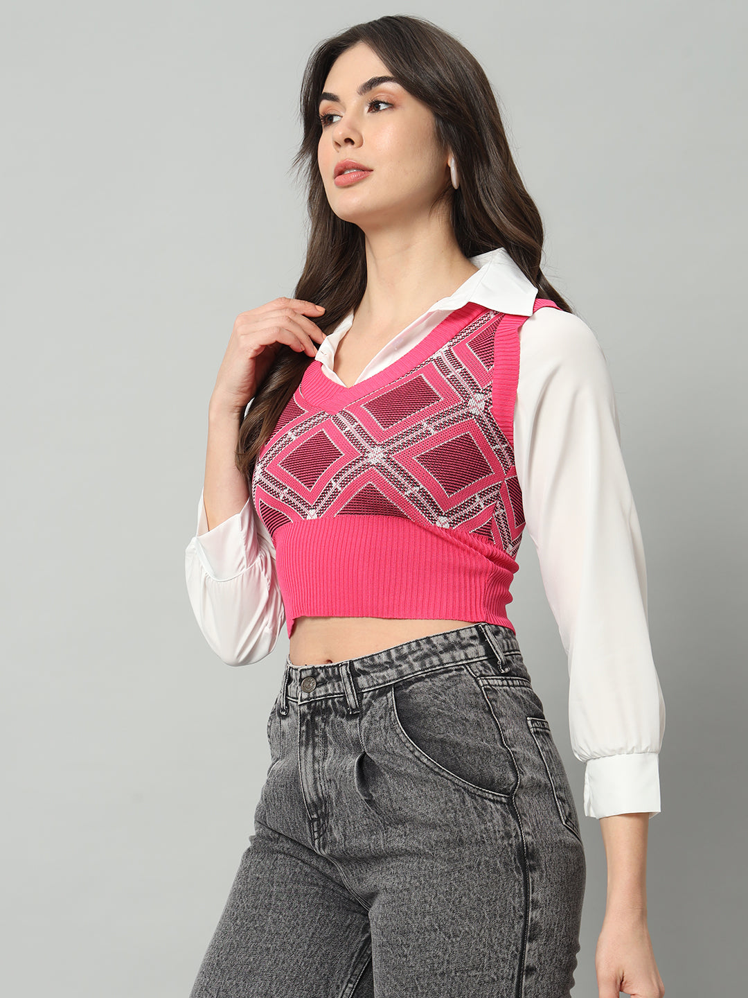 BROOWL Women Pink & White Woollen Sweater Vest