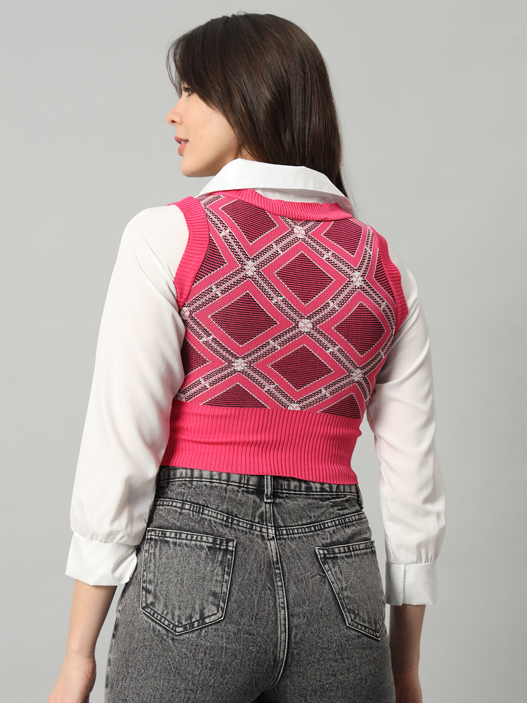 BROOWL Women Pink & White Woollen Sweater Vest