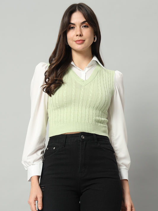 BROOWL Women Green & White Woollen Sweater Vest