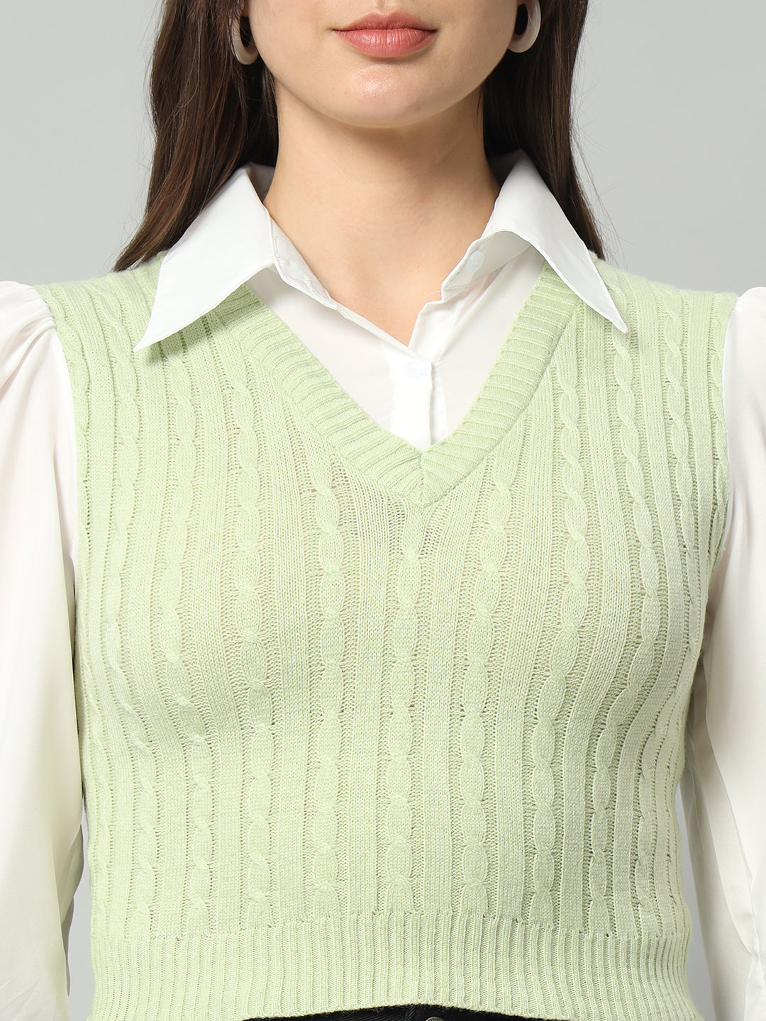 BROOWL Women Green & White Woollen Sweater Vest