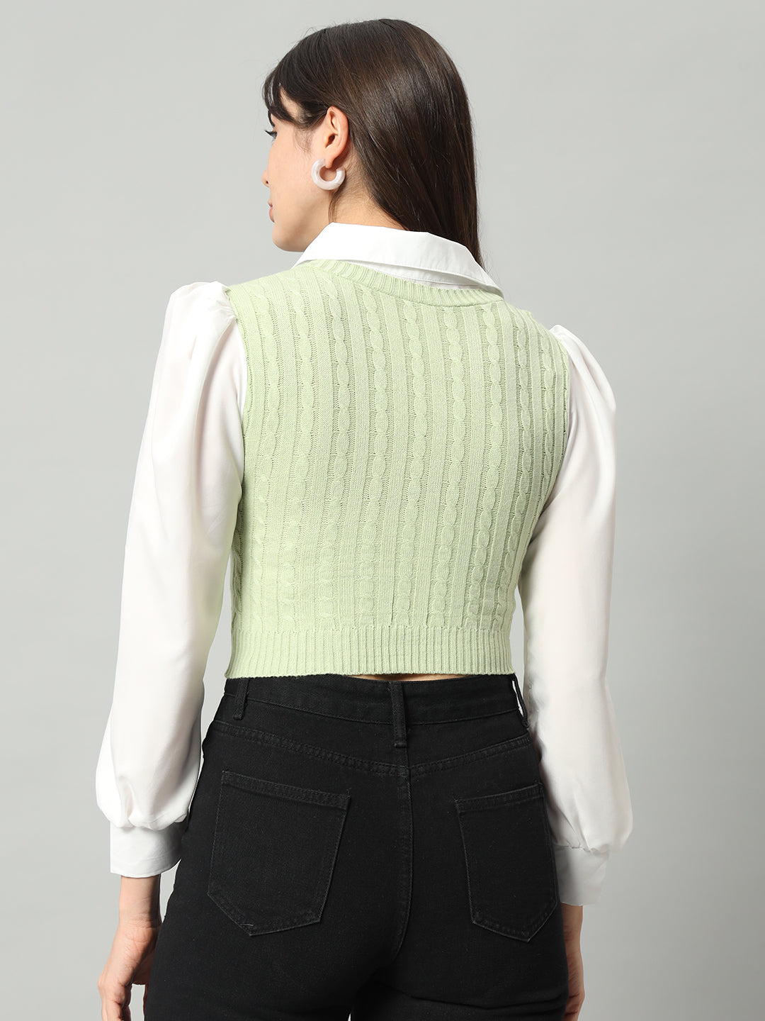 BROOWL Women Green & White Woollen Sweater Vest