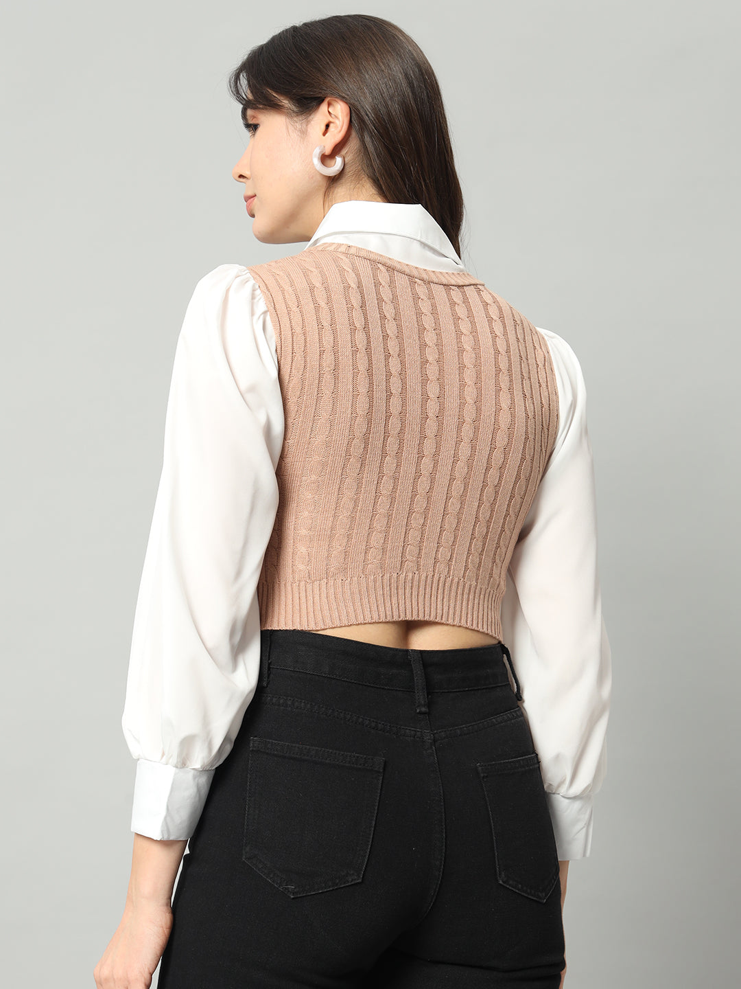 BROOWL Women Beige & White Woollen Sweater Vest