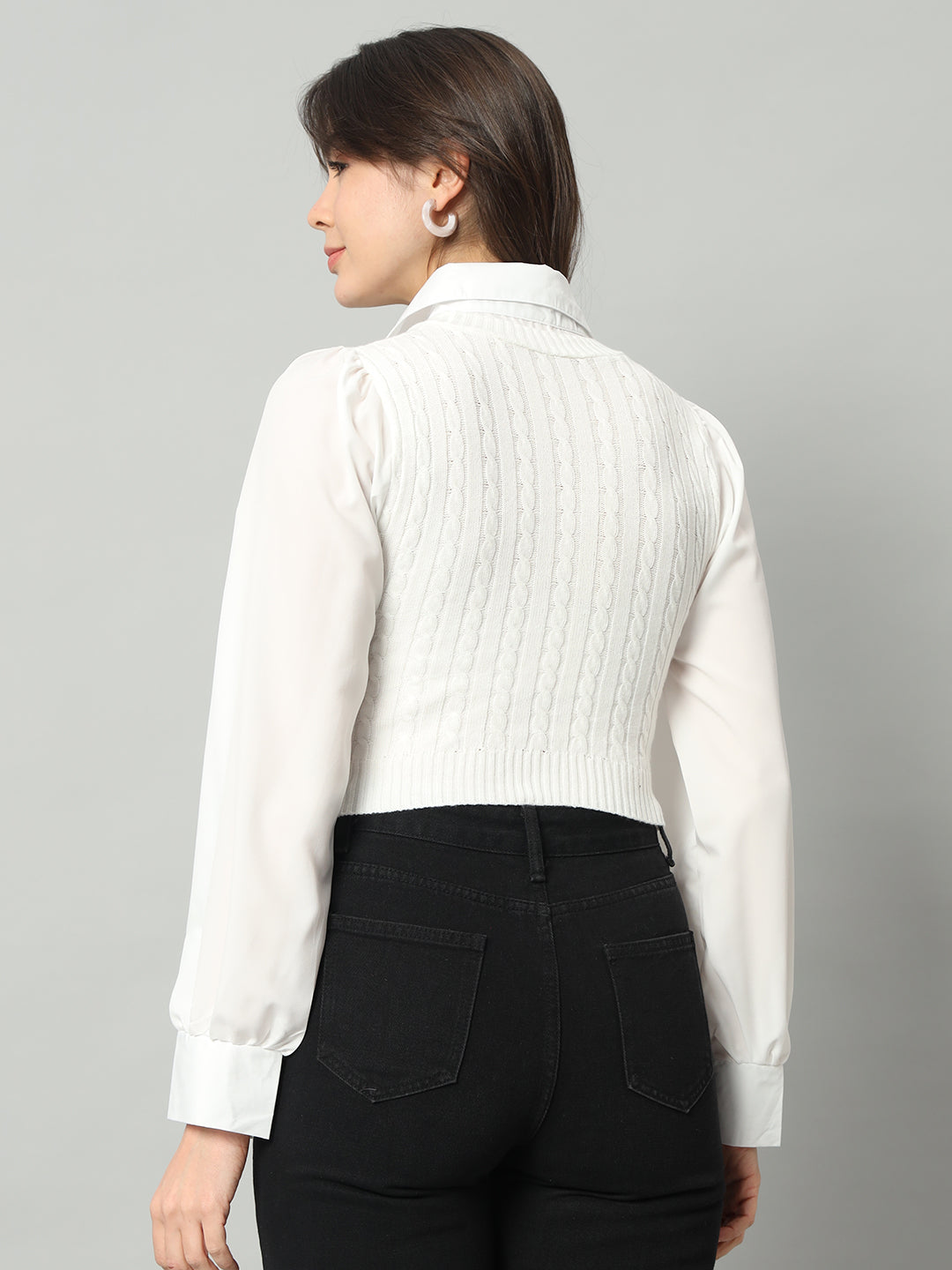 BROOWL Women White & White Woollen Sweater Vest