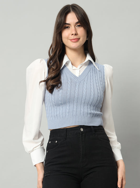 BROOWL Women Blue & White Woollen Sweater Vest