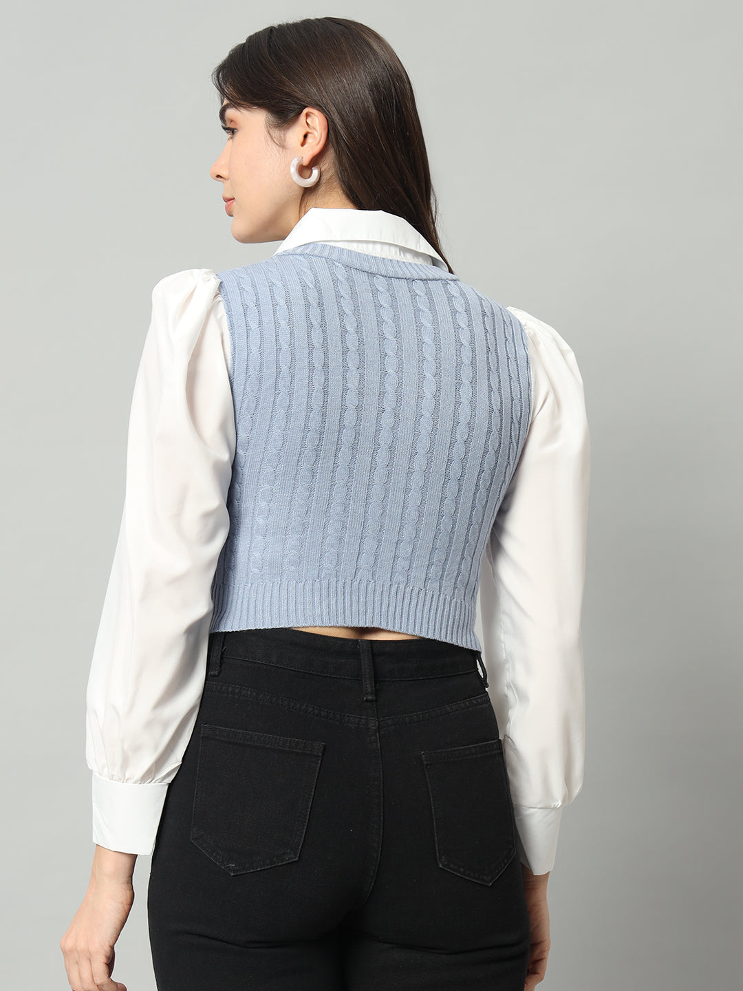 BROOWL Women Blue & White Woollen Sweater Vest