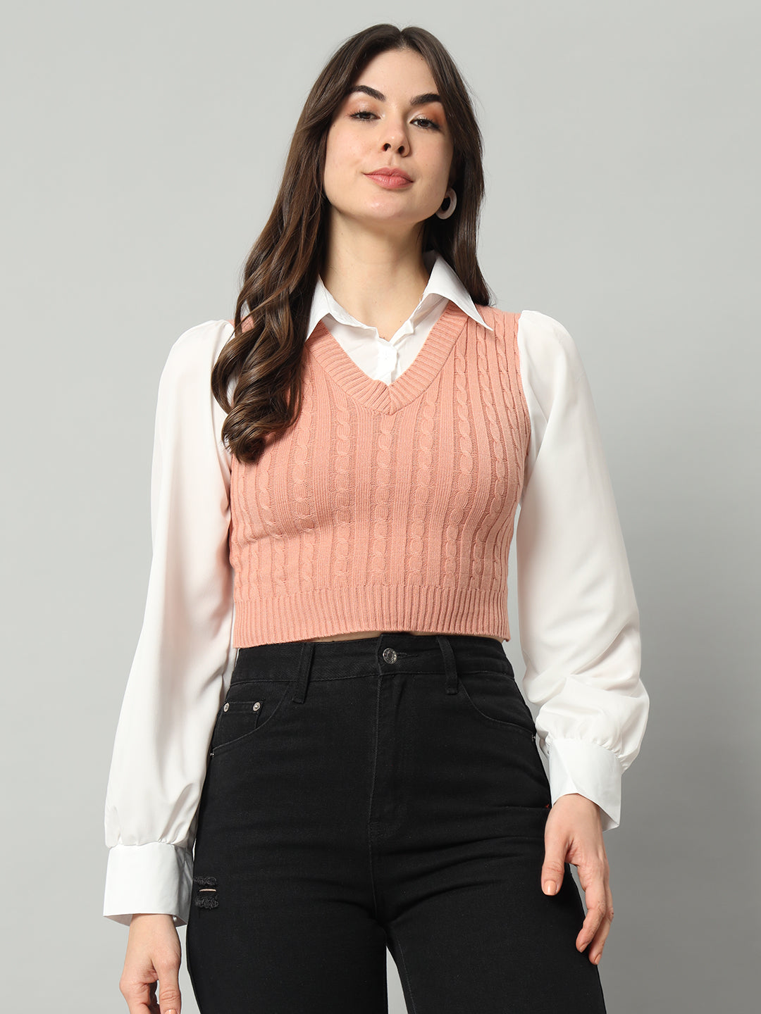 BROOWL Women Pink & White Woollen Sweater Vest