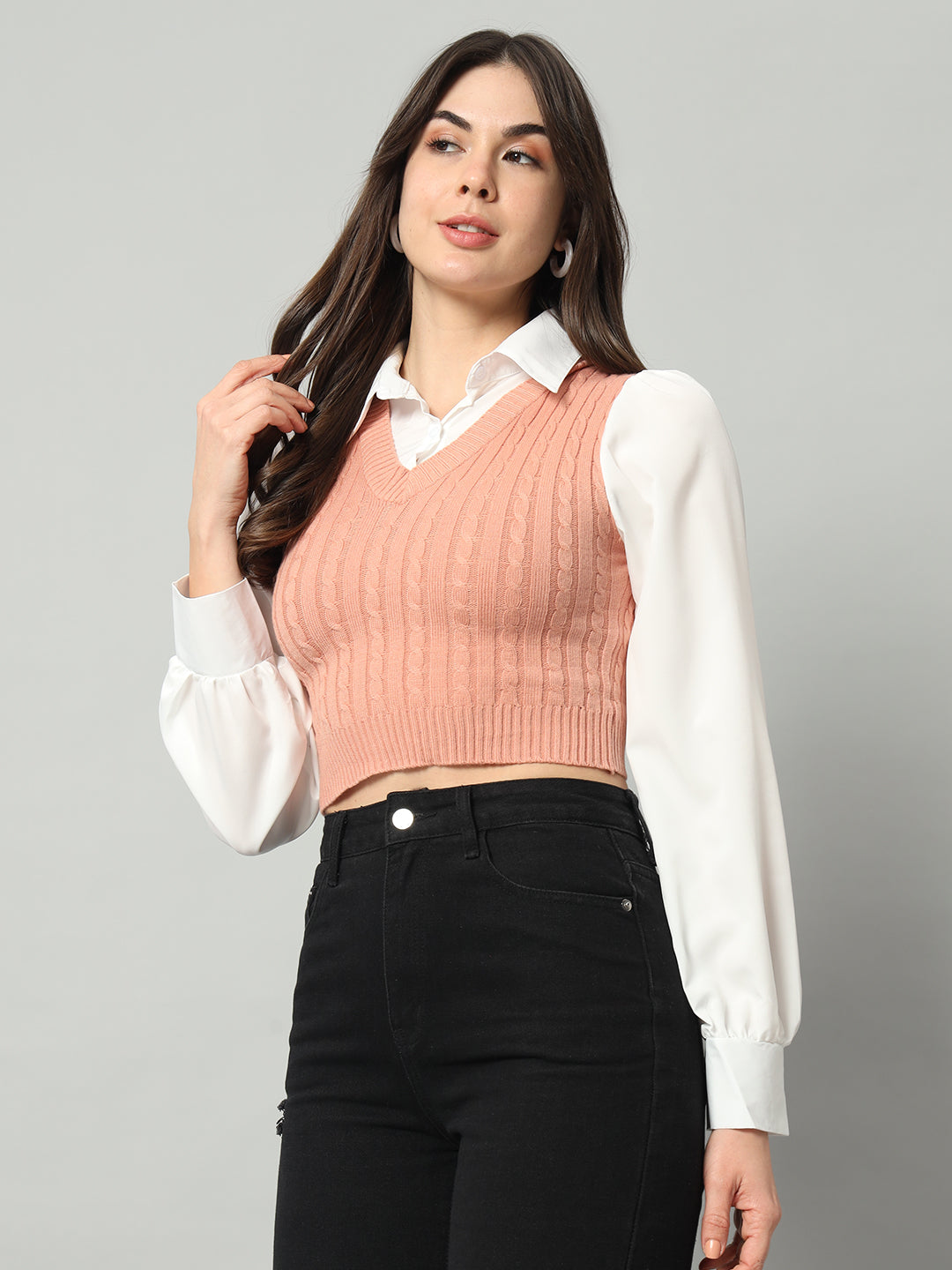 BROOWL Women Pink & White Woollen Sweater Vest