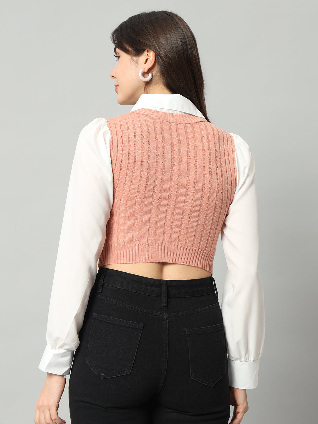 BROOWL Women Pink & White Woollen Sweater Vest