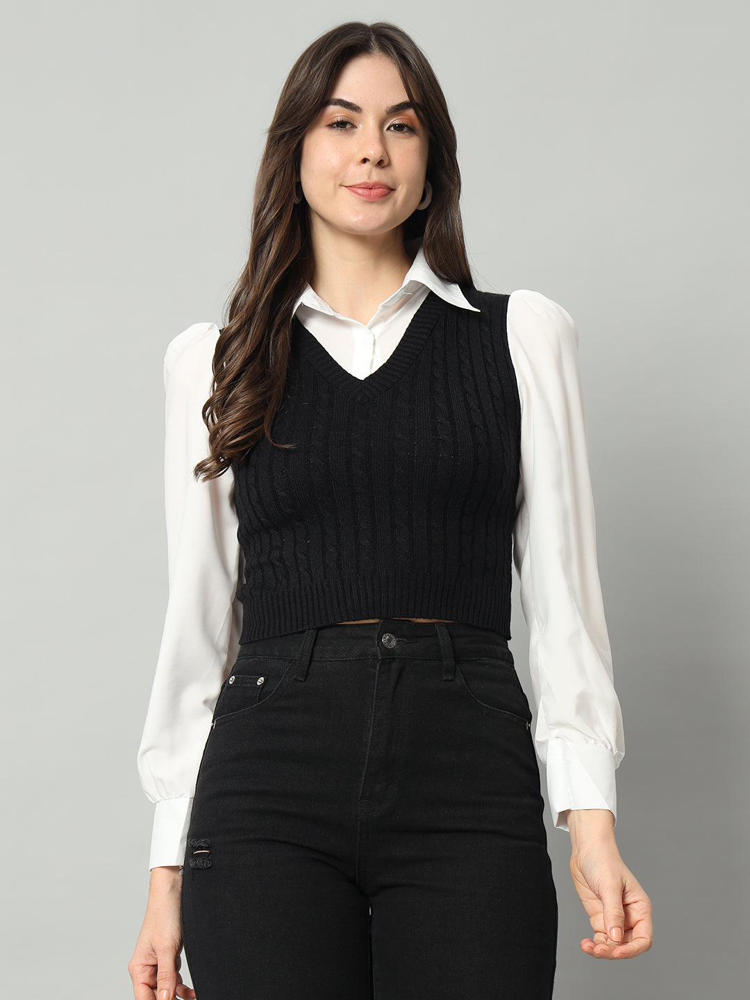 BROOWL Women Black & White Woollen Sweater Vest